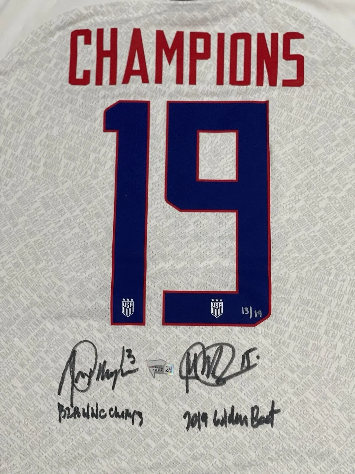 Alex Morgan & Megan Rapinoe Dual-Signed 2019 USA Women's World Cup Jersey – Limited Edition / Fanatics Authenticated