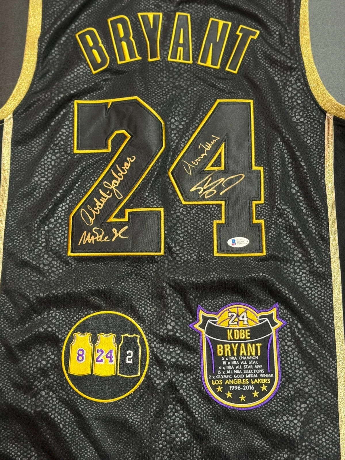4 Kobe Bryant Lakers Jerseys Signed by Legends Magic Kareem Shaq West Baylor