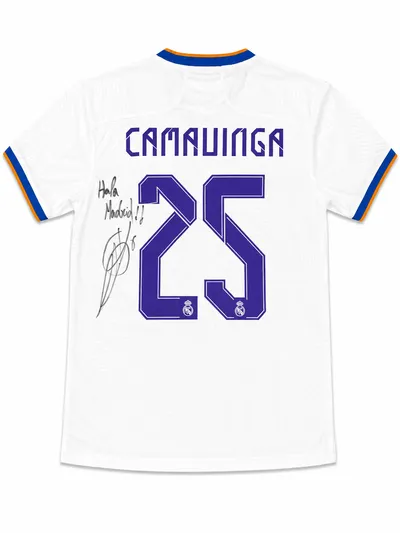 Eduardo Camavinga Signed 21/22 Real Madrid Jersey with "Hala Madrid" Inscription