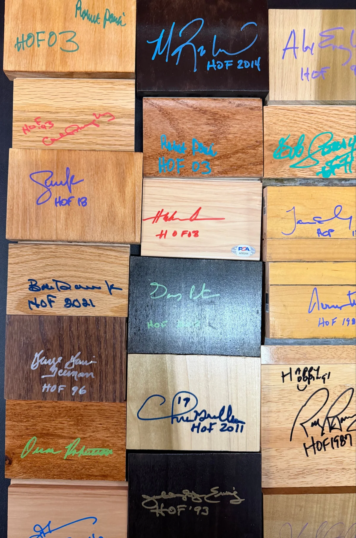 Game Used Floor and Wood Pieces Signed by NBA Hall of Famers - Collection Lot