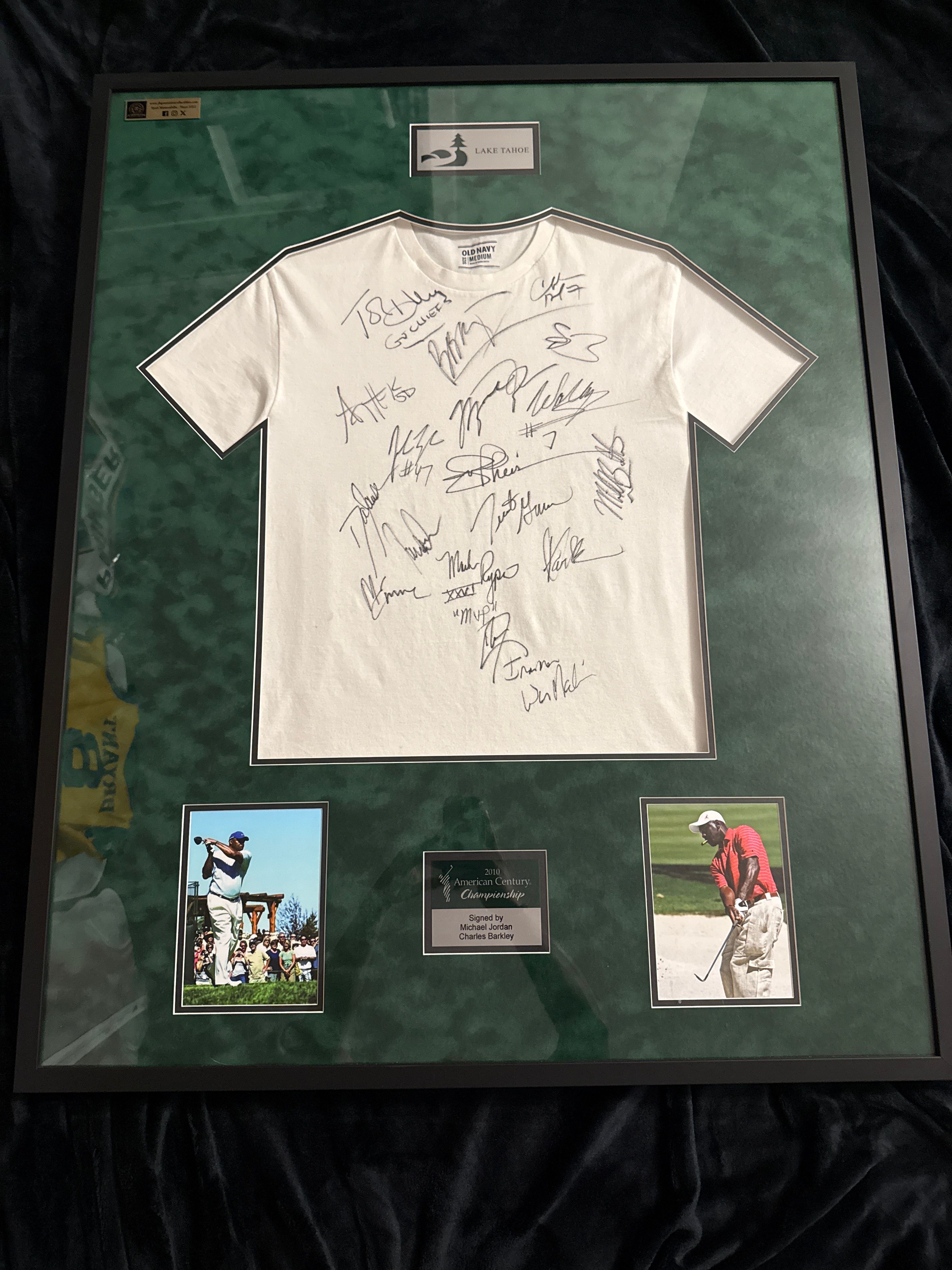 Michael Jordan and Charles Barkley etc signed t shirt framed