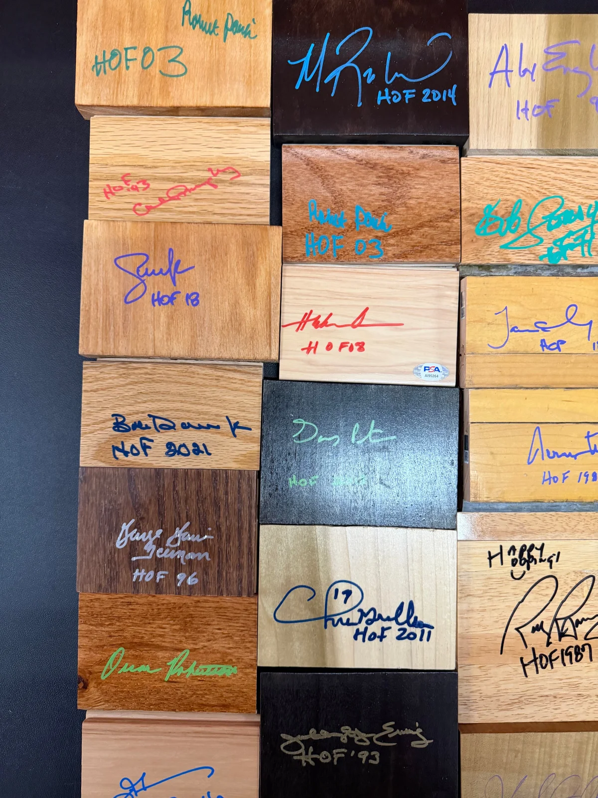 Game Used Floor and Wood Pieces Signed by NBA Hall of Famers - Collection Lot