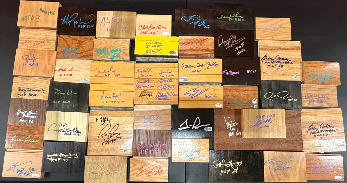Game Used Floor and Wood Pieces Signed by NBA Hall of Famers - Collection Lot