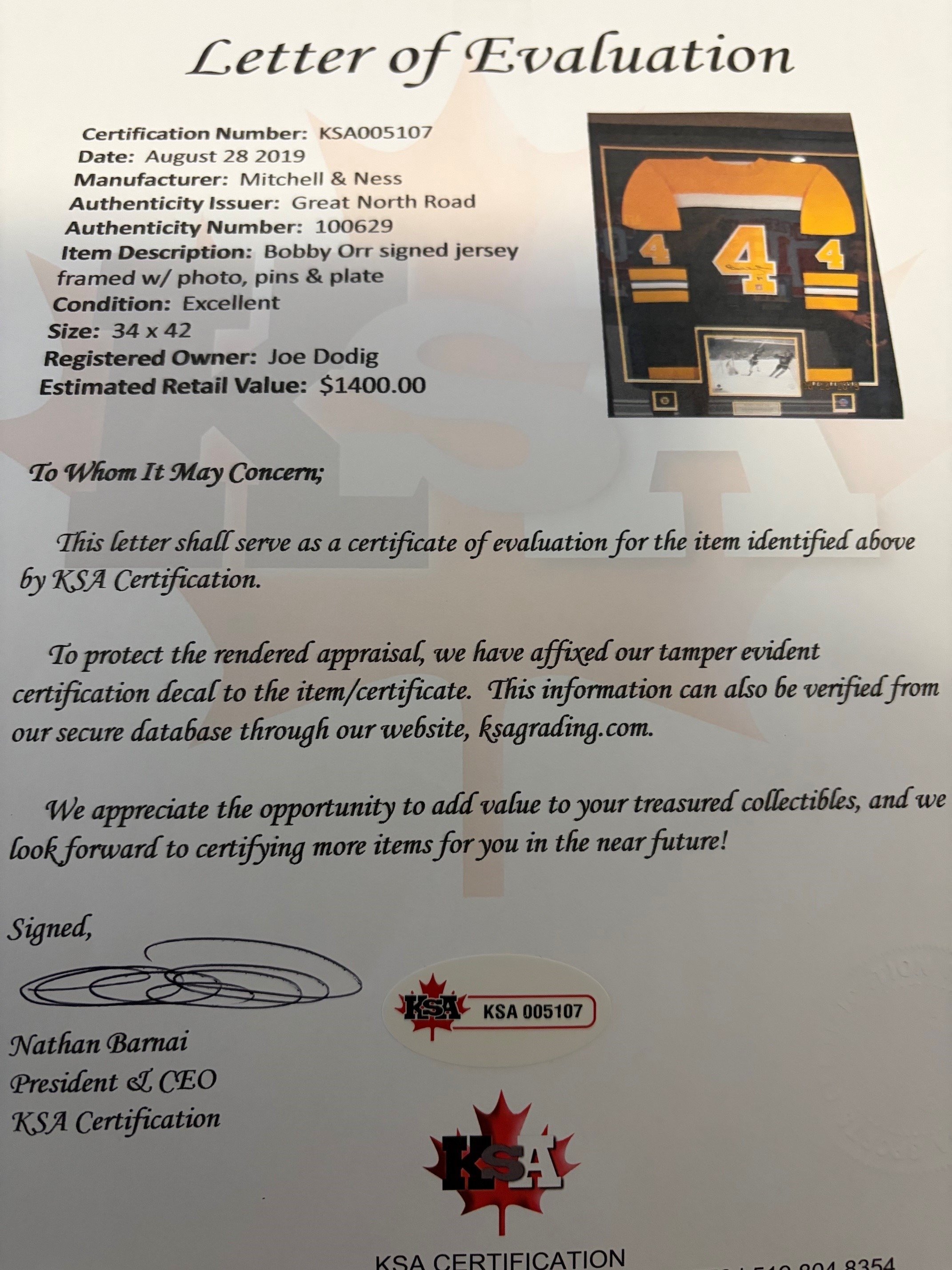 2018 Boston Bruins signed and framed, authentic #4 Bobby Orr jersey