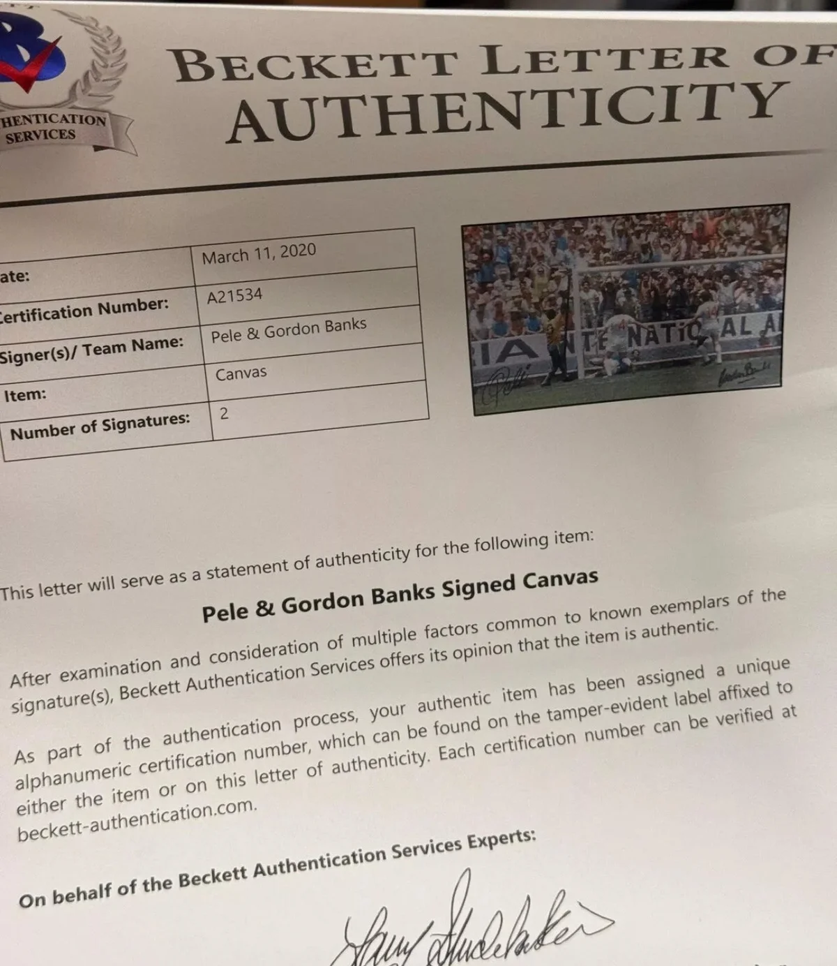 Pele & Gordon Banks Dual-Signed Canvas – "The Save of the Century" - Beckett Authenticated