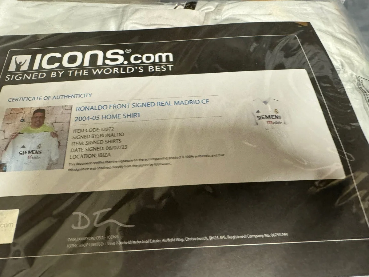 Ronaldo Nazario front signed Real Madrid jersey with Icons certificate
