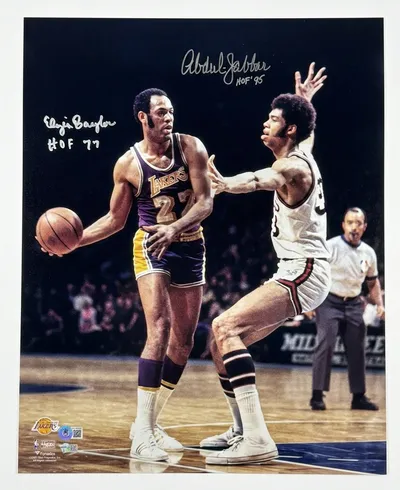 Kareem Abdul-Jabbar & Elgin Baylor Dual Signed & Inscribed 16x20 Photo