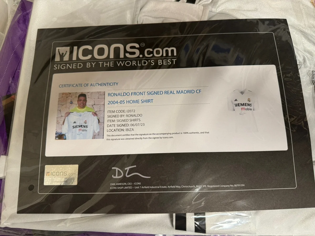 Ronaldo Nazario front signed Real Madrid jersey with Icons certificate