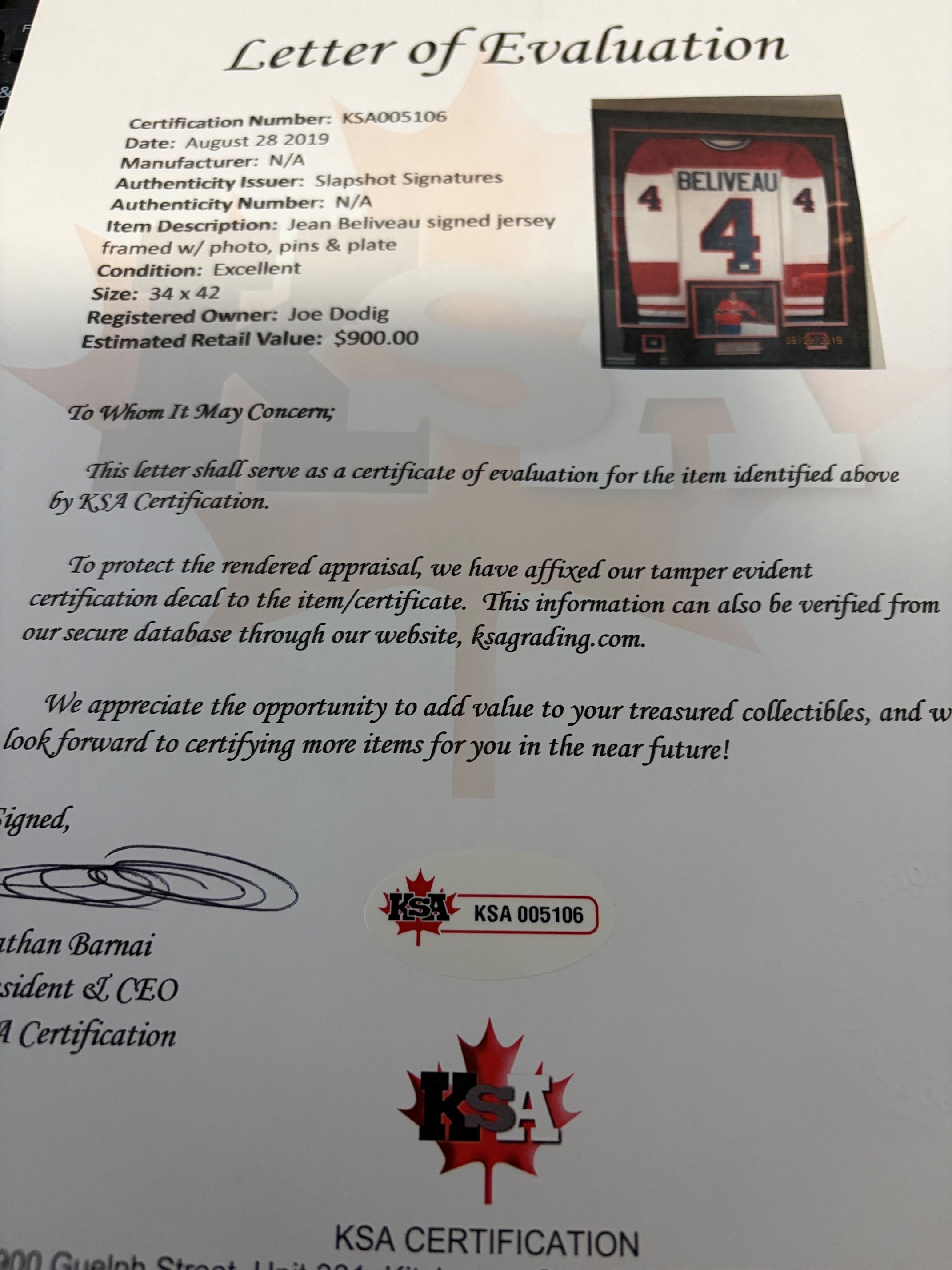 2012 Jean Beliveau signed and framed authentic Canadiens Home jersey
