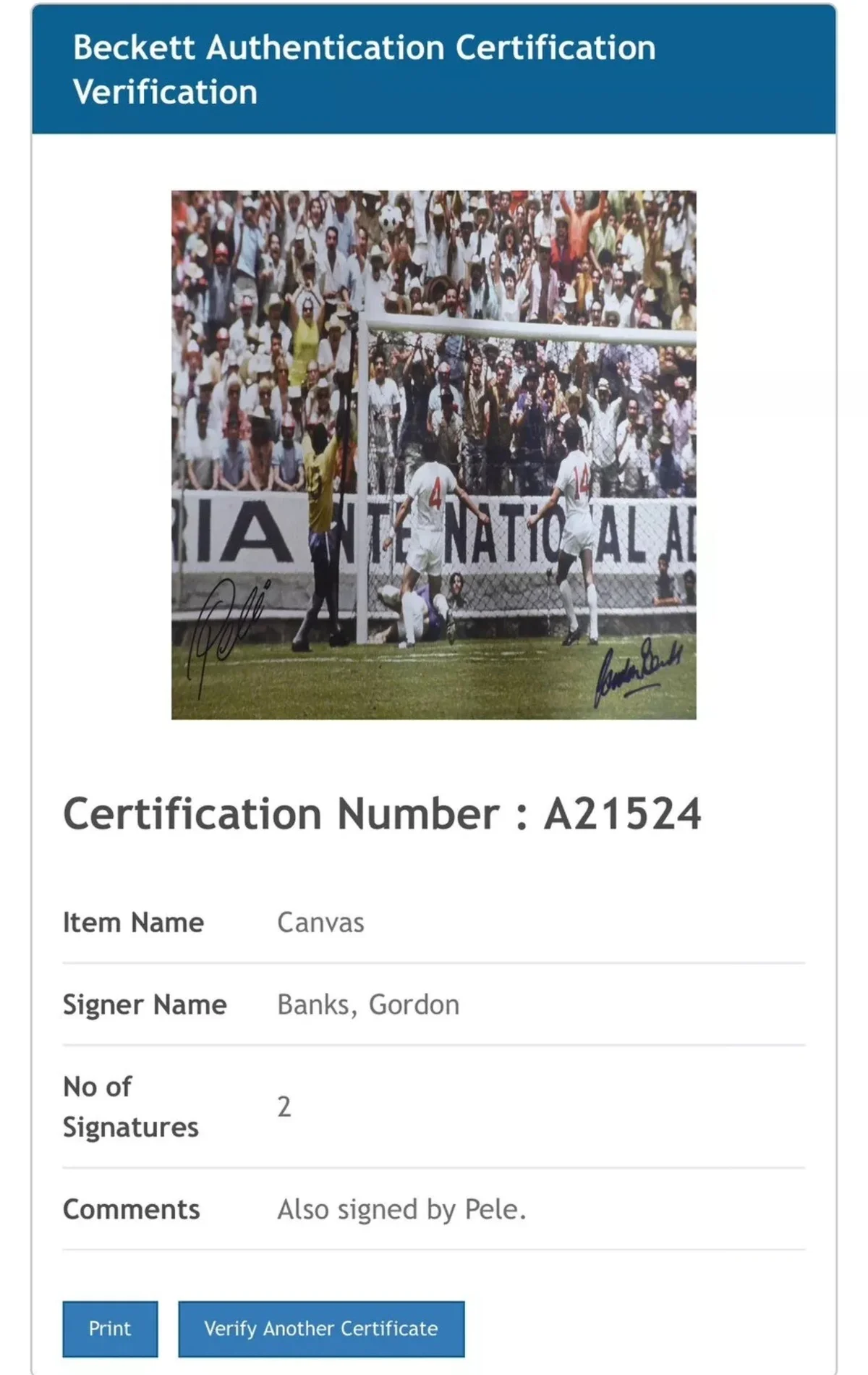 Pele & Gordon Banks Dual-Signed Canvas – "The Save of the Century" - Beckett Authenticated